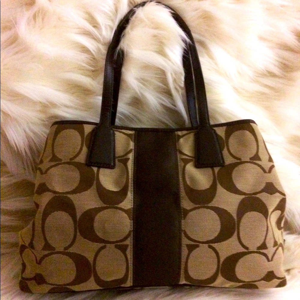 Coach Tan Beige Brown Cloth Ball Clasp Pattern Business Casual Purse Handbag - Picture 2 of 7